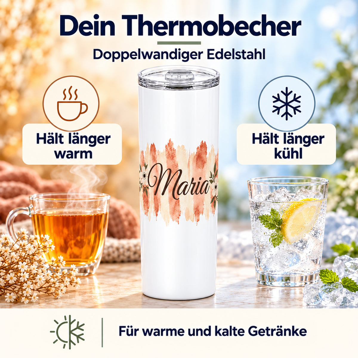Weißer Thermobecher mit Motiv Terrakottablüte, personalisiertem Namen mit Darstellung der Warm- und Kalthaltefunktion.