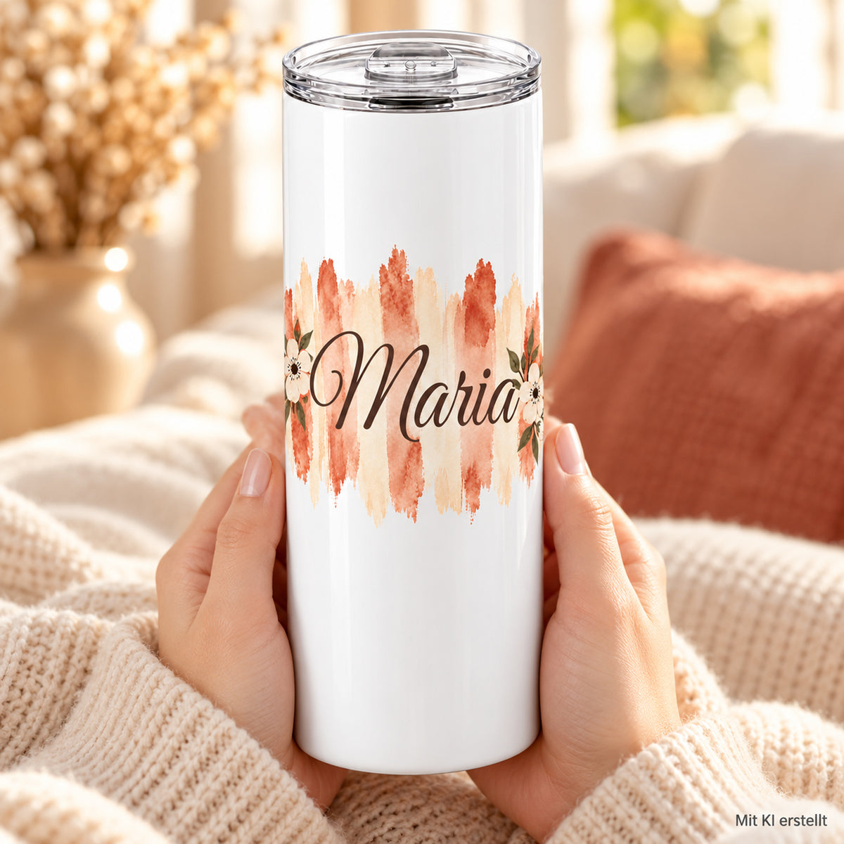 Weißer Thermobecher mit Motiv Terrakottablüte, personalisiertem Namen in Händen bei einer Kaffeepause; Kennzeichnung Mit KI erstellt.