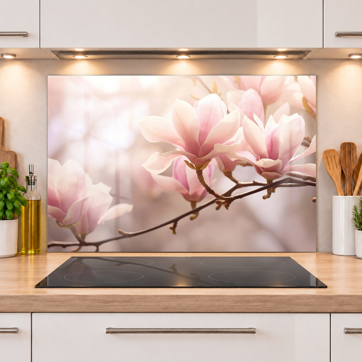 Glas-Spritzschutz mit Magnolien hinter einem Kochfeld in einer hellen Küche.