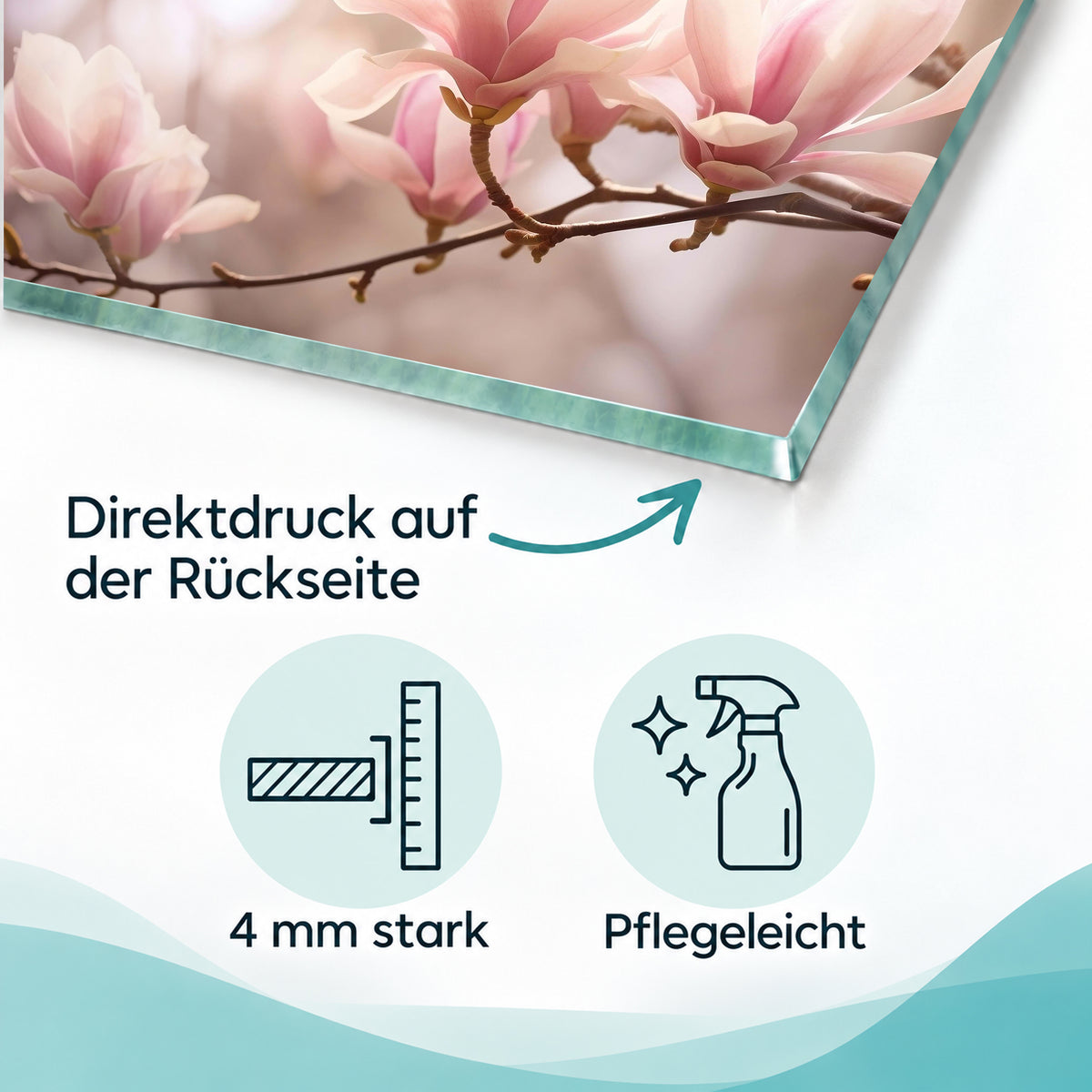 Detail des Motivs Magnolien auf Glas mit Hinweisen zu rückseitigem Direktdruck und Pflege.