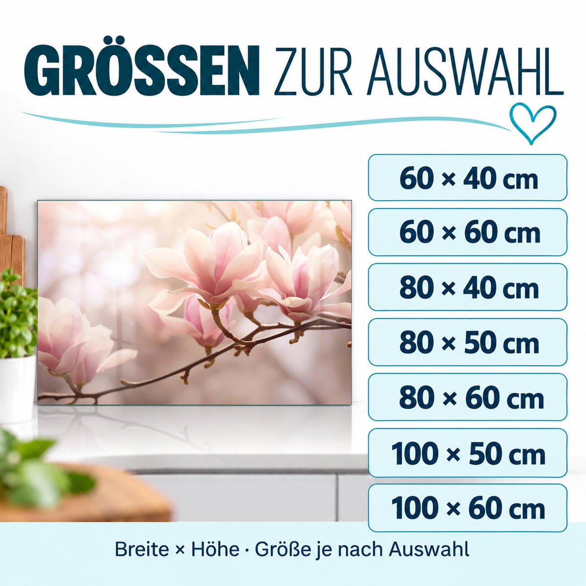 Größenübersicht für den Spritzschutz Magnolien: sieben Größen von 60 × 40 bis 100 × 60 cm.