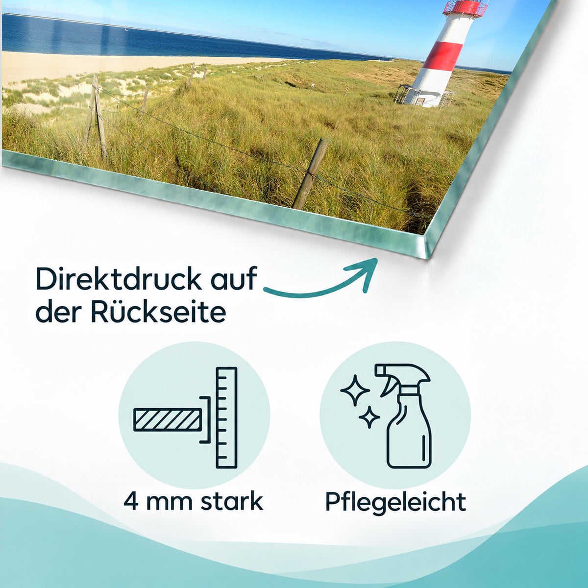 Detail des Motivs Leuchtturm auf Glas mit Hinweisen zu rückseitigem Direktdruck und Pflege.