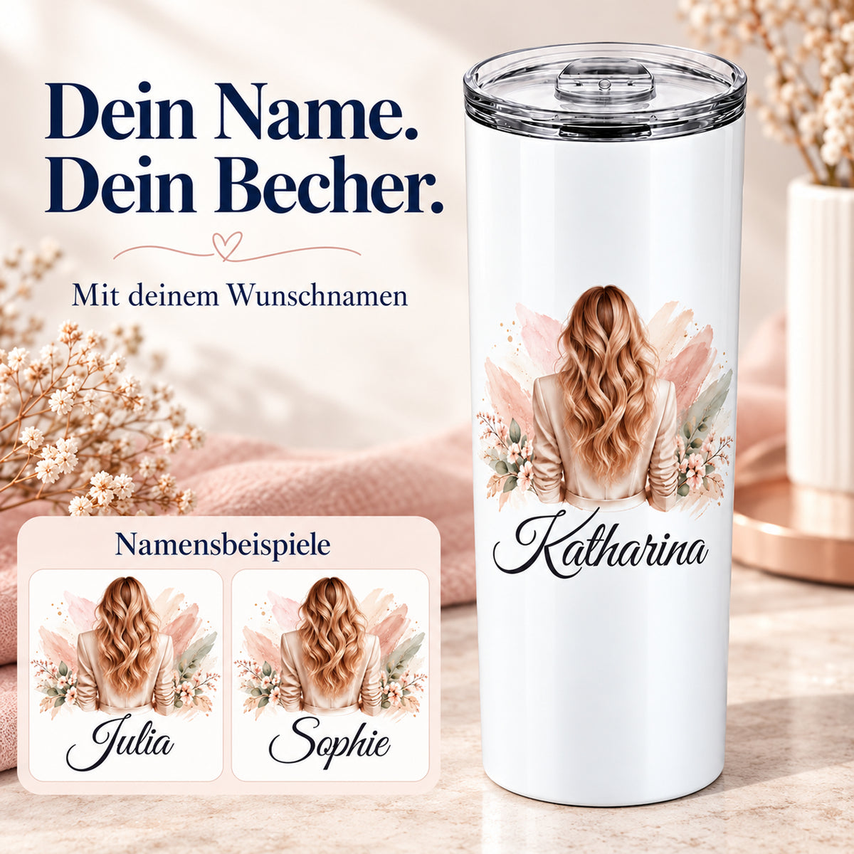 Personalisierter Thermobecher mit Frauenmotiv mit blonden Wellen und beigem Blazer und Detailbeispielen für die Namensgestaltung.