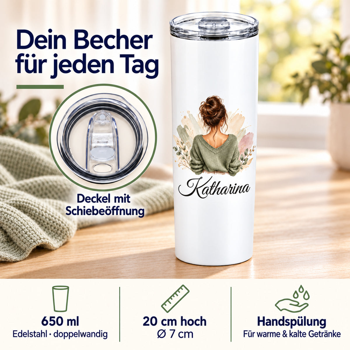Produktdetails des personalisierten 650-ml-Thermobechers aus doppelwandigem Edelstahl mit eingesetzter Detailansicht des transparenten Schiebedeckels.