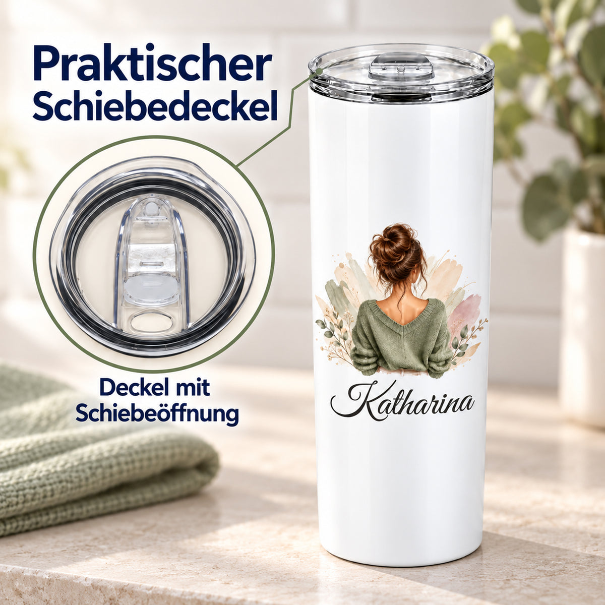 Weißer Thermobecher mit Frauenmotiv und grafisch vergrößerter Detailansicht des transparenten Deckels mit verschiebbarer Trinköffnung.