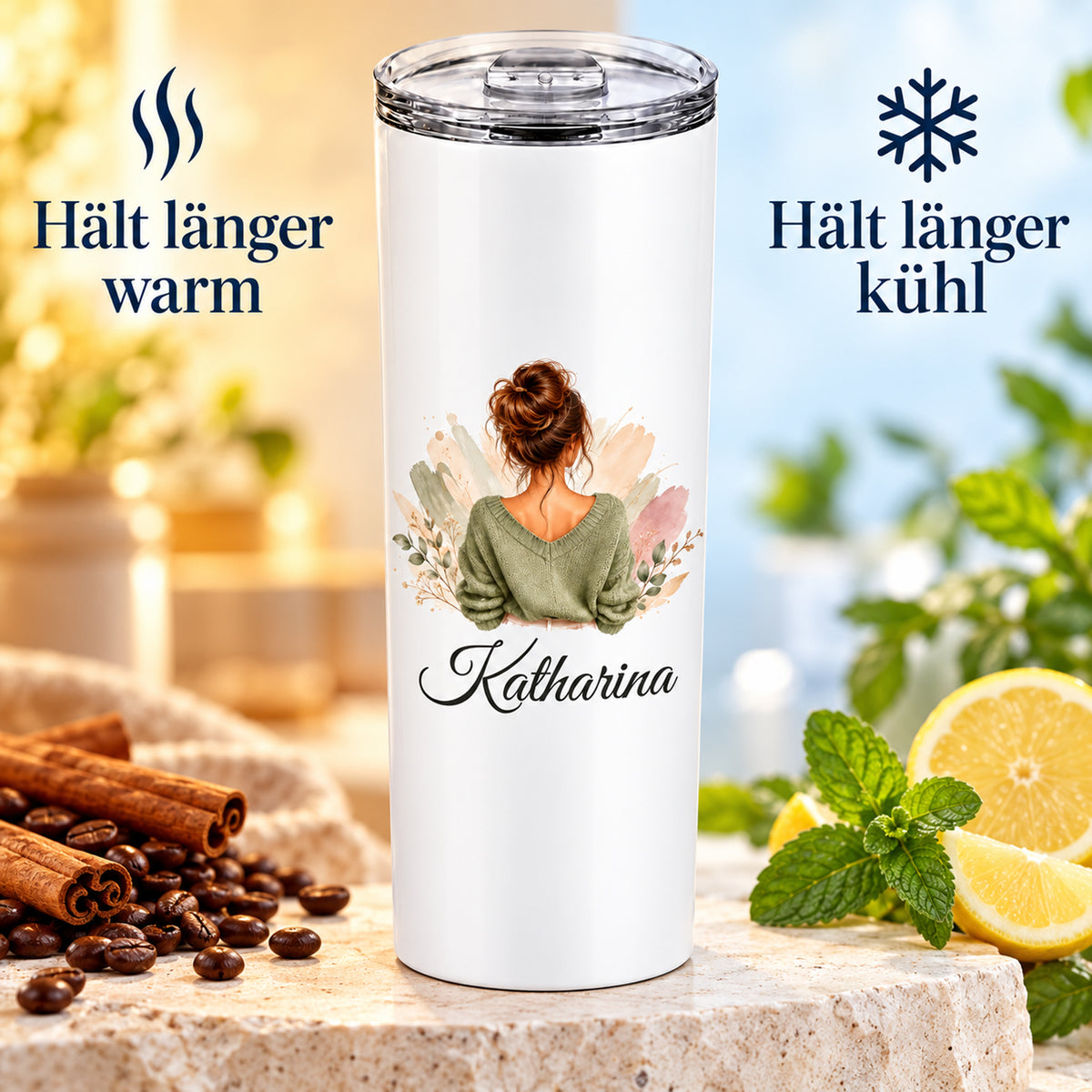 Darstellung der Thermofunktion: doppelwandiger Becher mit Frauenmotiv für warme und kalte Getränke.