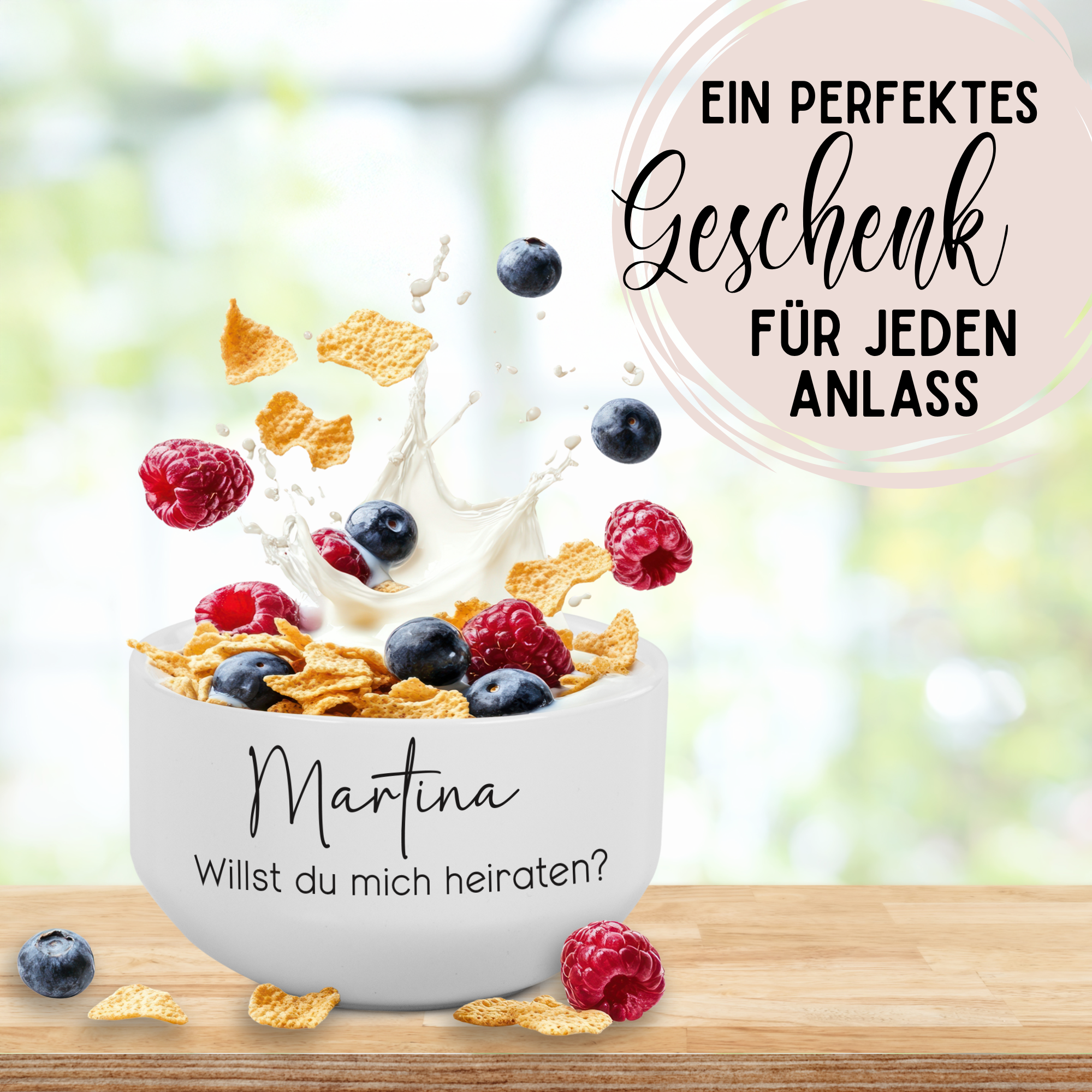 Müslischale mit Wunschtext in zwei Zeilen