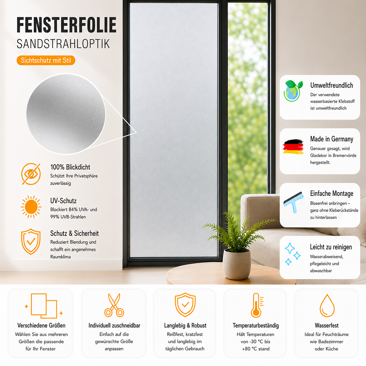 Fensterfolie in Sandstrahloptik, blickdicht und UV-beständig.