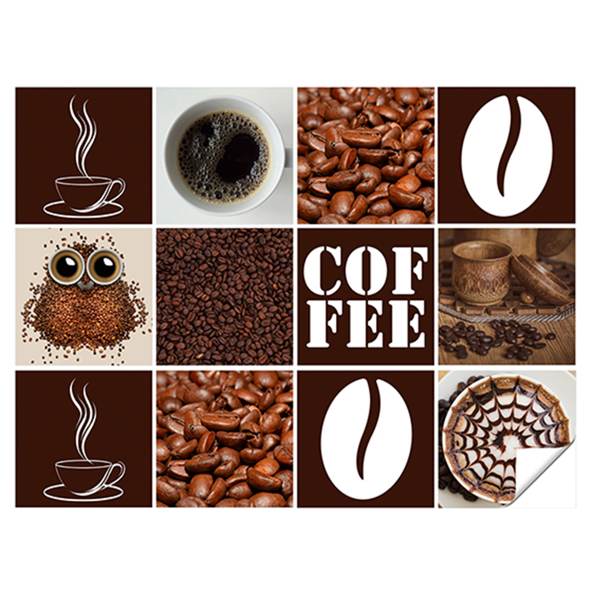 Kaffeebohnen, Tassen, Schriftzug "COFFEE", braune Farbtöne.