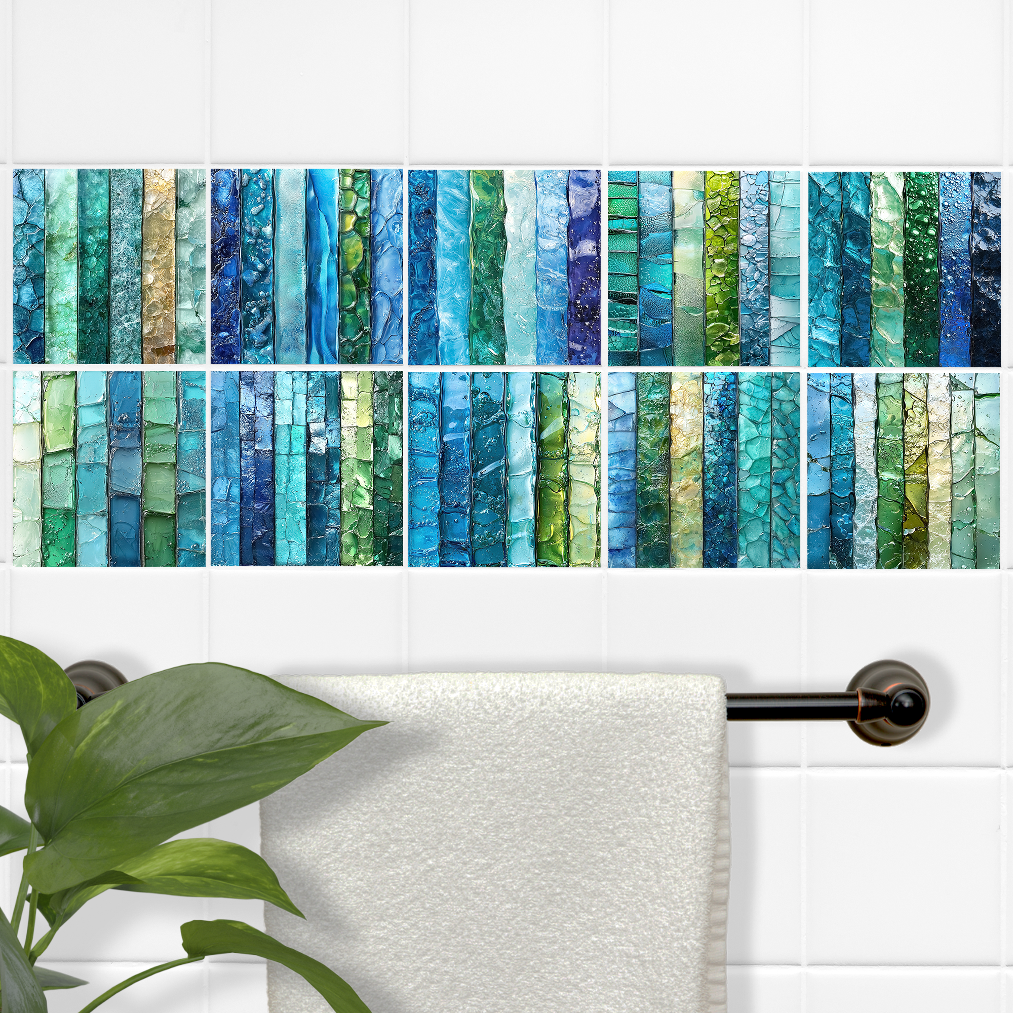 Bunte Mosaikfliesen in Blau- und Grüntönen.