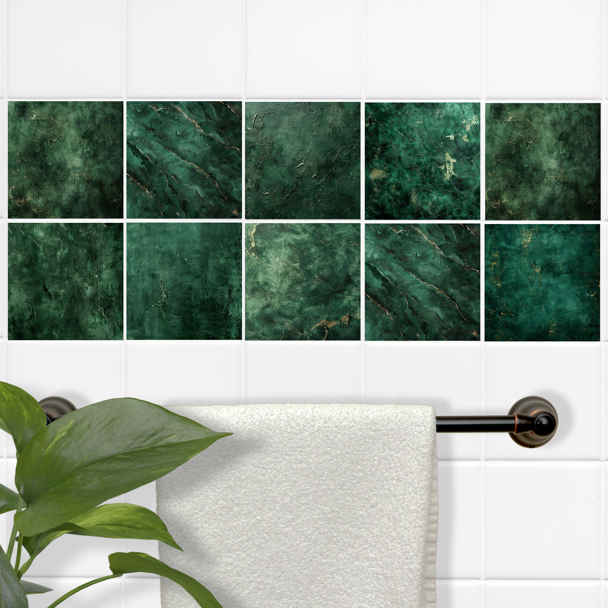 Grüne Mosaikfliesen mit goldenen Akzenten, Badezimmerdekor.