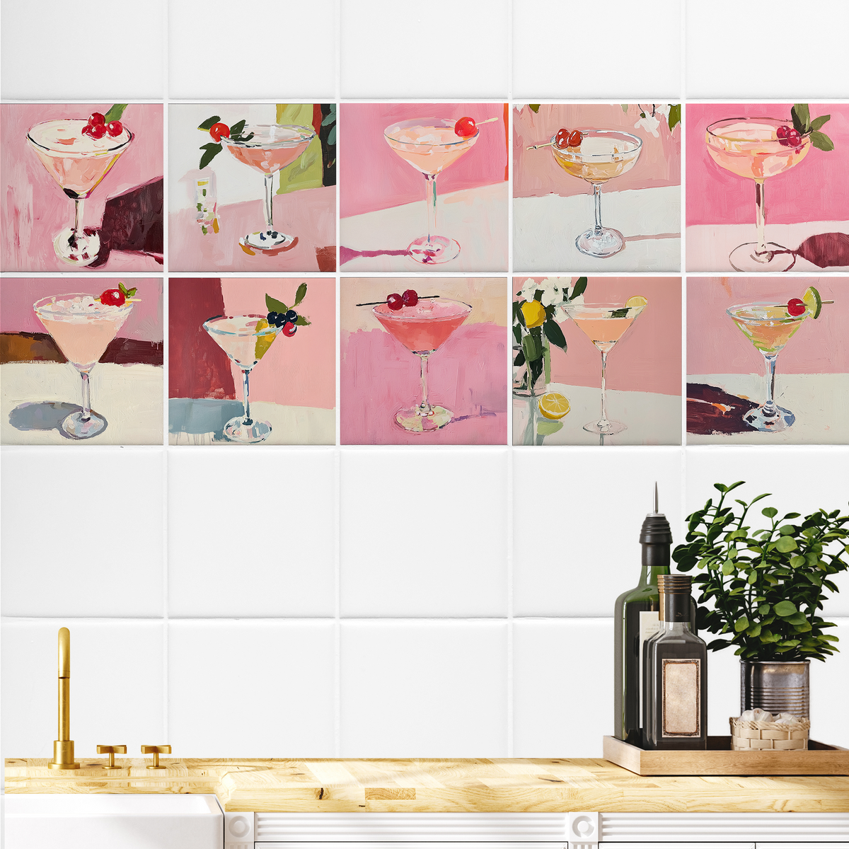 Bunte Cocktails in Gläsern mit Kirschen und Minze.