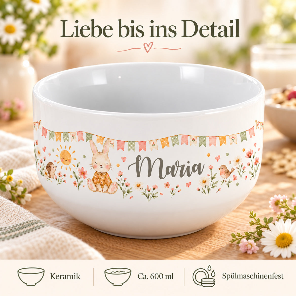 Häschen-Müslischale mit Angaben zu Keramik, ca. 600 ml und Spülmaschinenfestigkeit.