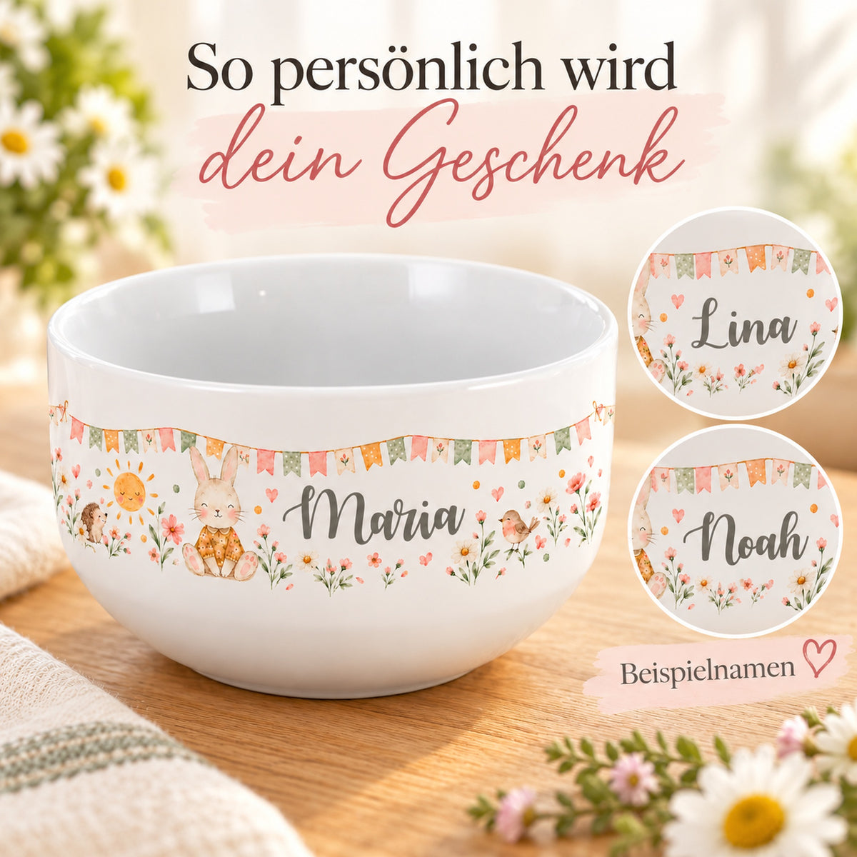 Häschen-Müslischale mit Namensaufdruck und zwei vergrößerten Beispielen für die Personalisierung.