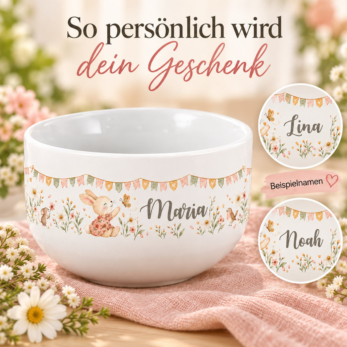 Häschen-Müslischale mit Namensaufdruck und zwei vergrößerten Beispielen für die Personalisierung.