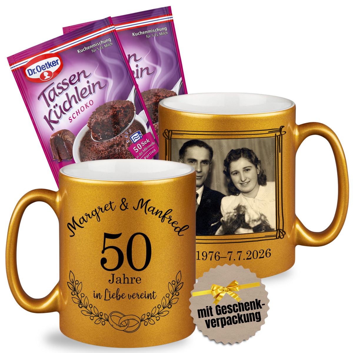 Hochzeitsgeschenk - Geschenk Set Zwei Tassen Goldene Hochzeit mit Foto