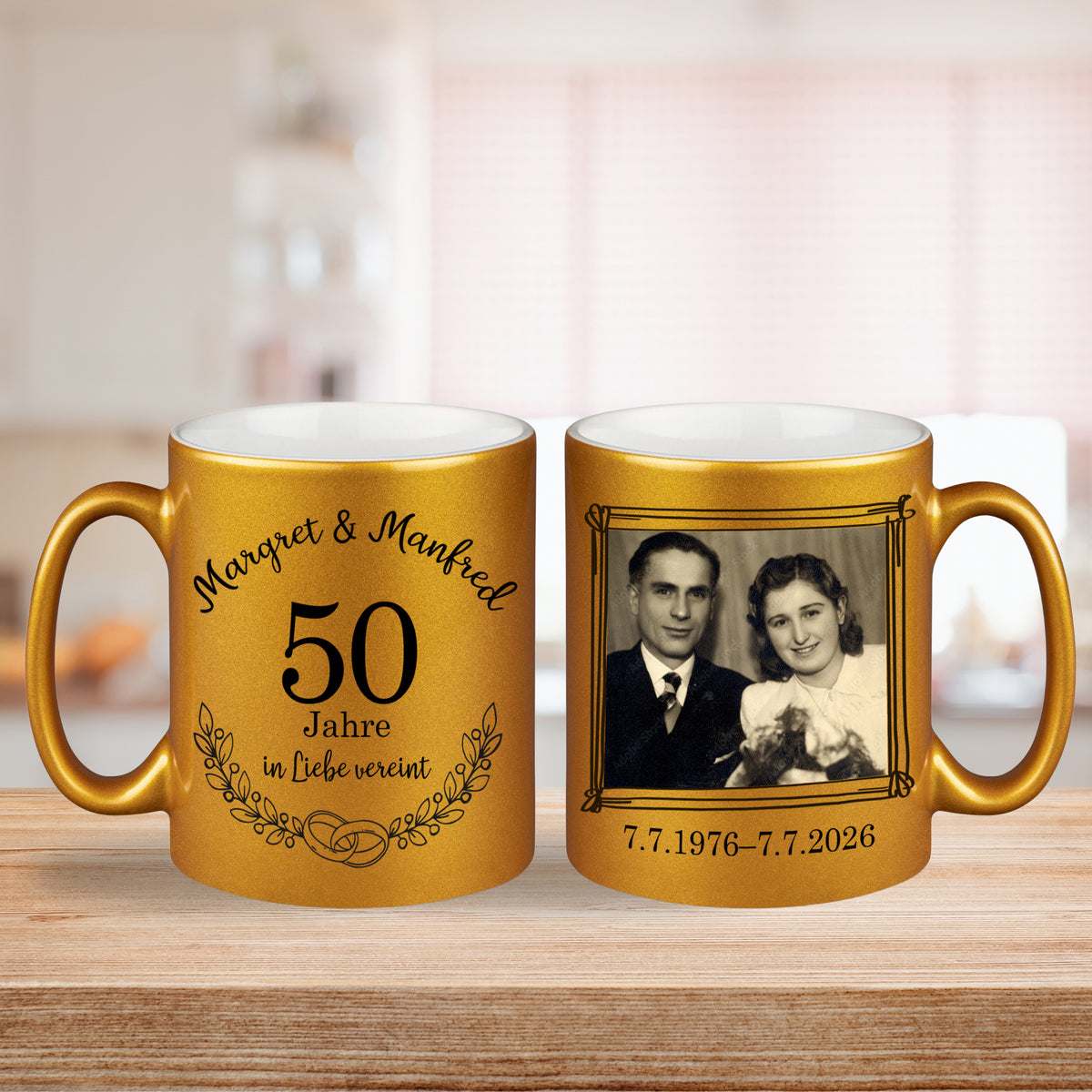 Hochzeitsgeschenk - Geschenk Set Zwei Tassen Goldene Hochzeit mit Foto