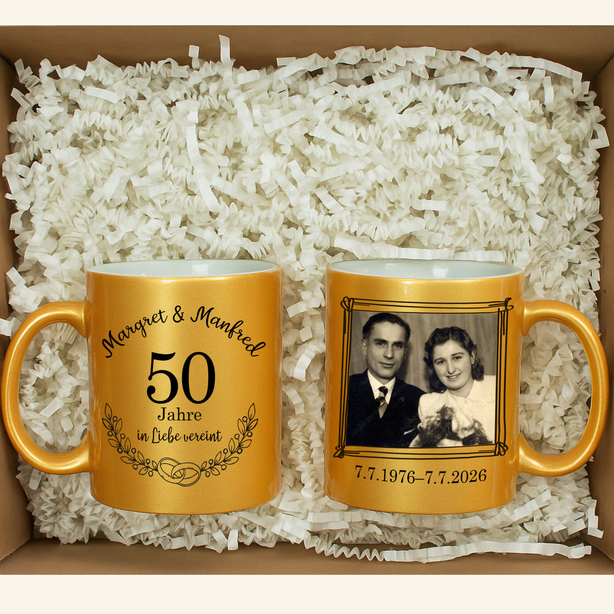 Hochzeitsgeschenk - Geschenk Set Zwei Tassen Goldene Hochzeit mit Foto