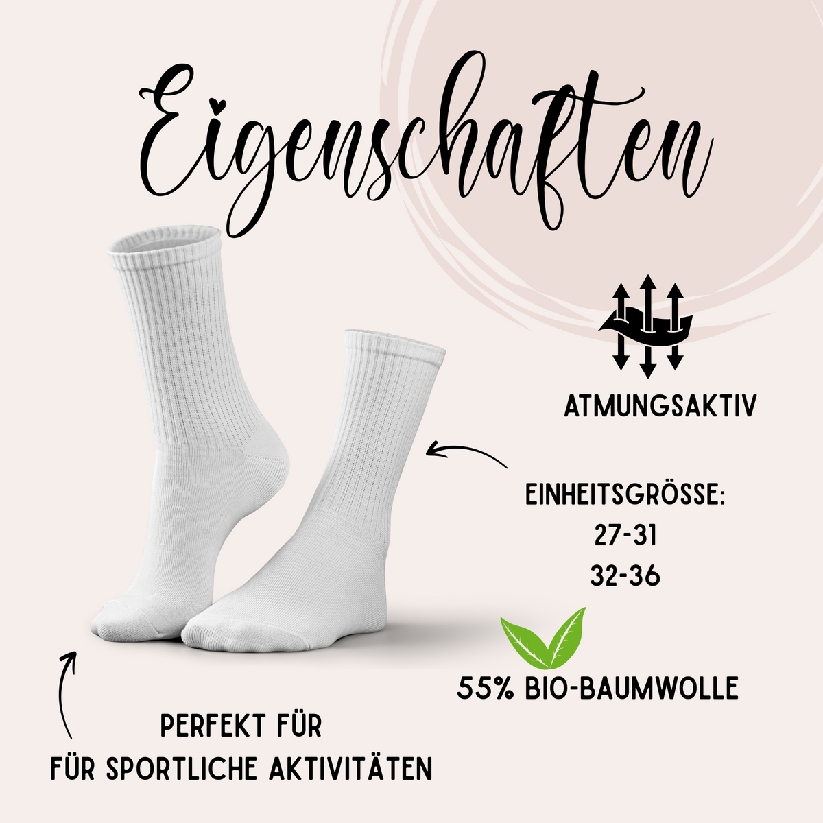 Weiße Socken, atmungsaktiv, 55% Bio-Baumwolle, Einheitsgröße.