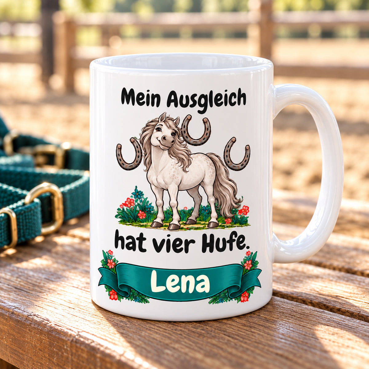 Weiße Pferdetasse mit Namen, Schimmel und Hufeisen und Spruch „Mein Ausgleich hat vier Hufe.“, schräg von vorn.