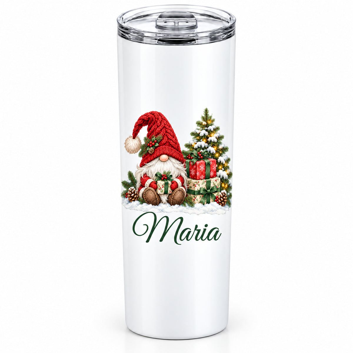 Weißer Thermobecher mit Wichtel zwischen Geschenken und Tannenbaum, Wunschname und transparentem Deckel