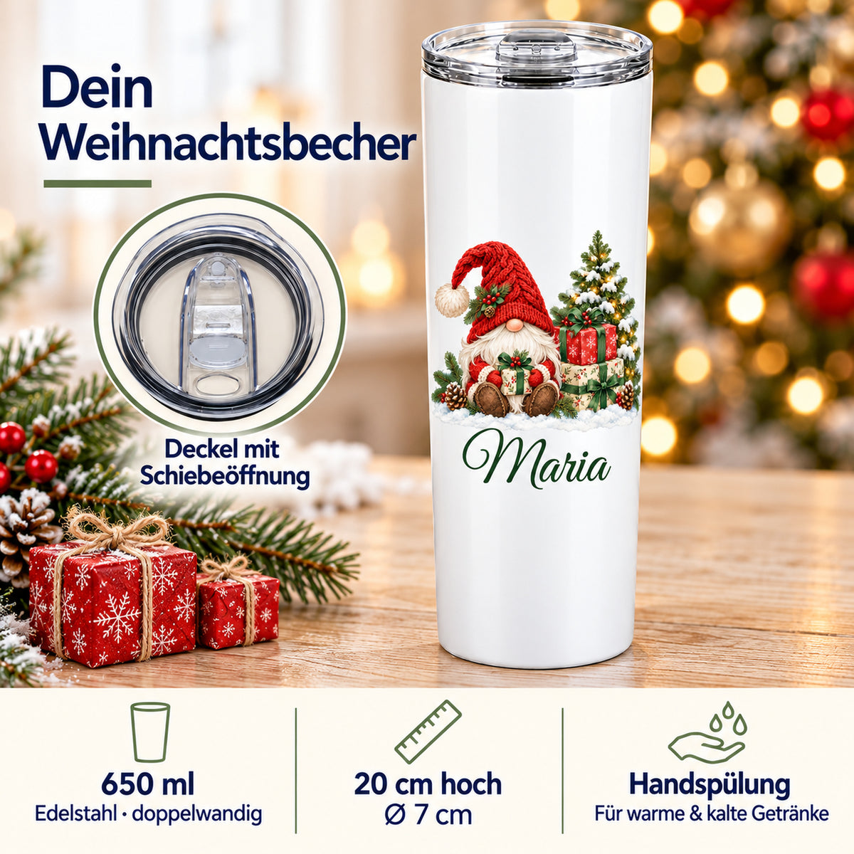 Thermobecher mit Wichtel-Motiv: Füllmenge, Maße, Pflege und Deckel in einer Übersicht