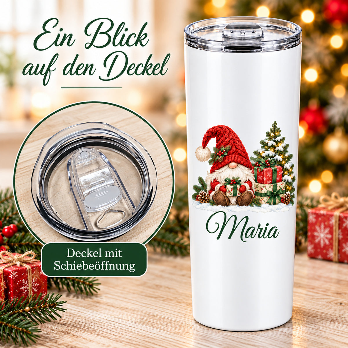 Thermobecher mit Wichtel-Motiv neben einer vergrößerten Ansicht des transparenten Schiebedeckels