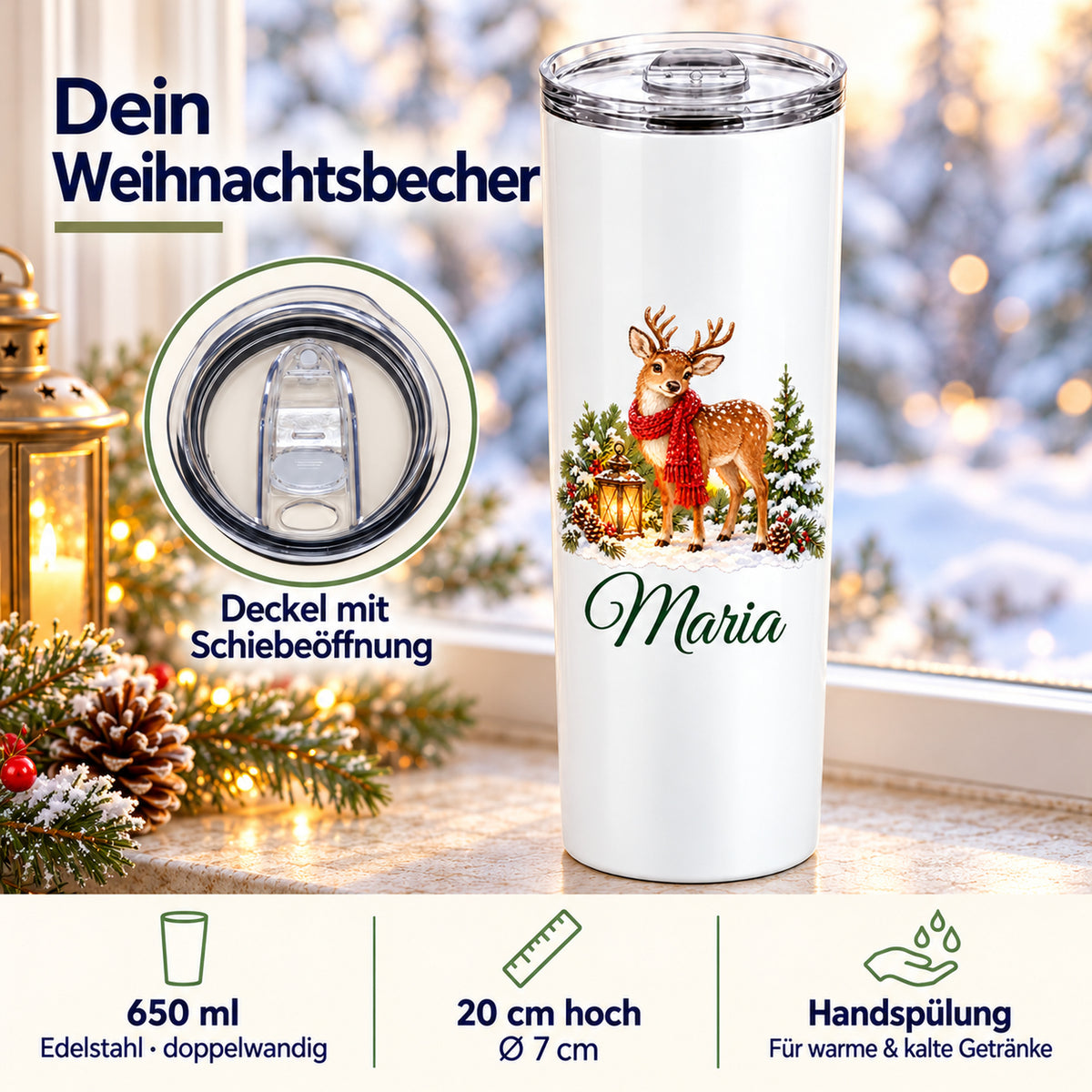 Thermobecher mit Rentier-Motiv: Füllmenge, Maße, Pflege und Deckel in einer Übersicht