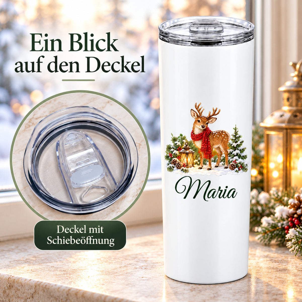 Thermobecher mit Rentier-Motiv neben einer vergrößerten Ansicht des transparenten Schiebedeckels