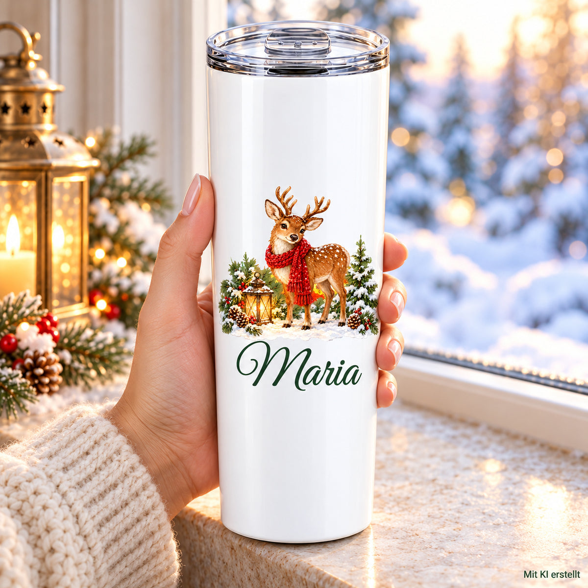 Eine Hand hält einen weißen Thermobecher mit Rentier-Motiv und Wunschname