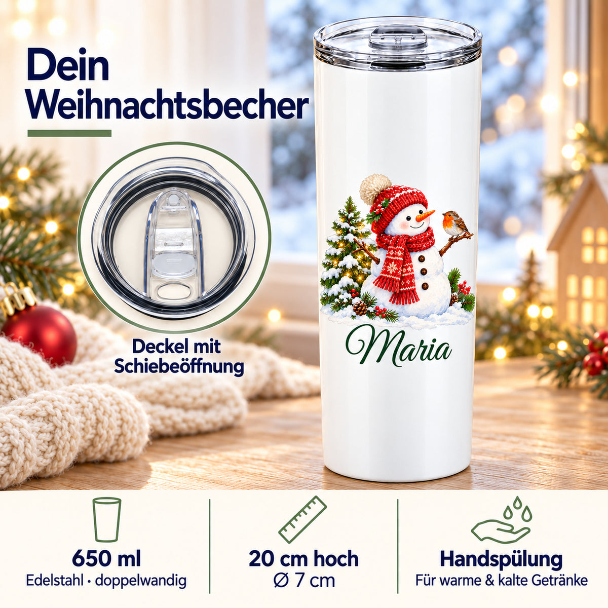 Thermobecher mit Schneemann-Motiv: Füllmenge, Maße, Pflege und Deckel in einer Übersicht