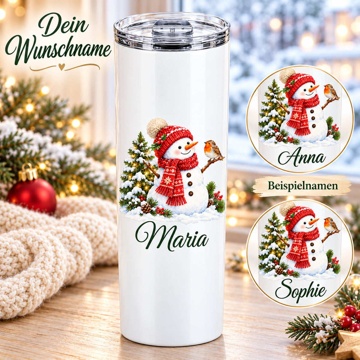 Schneemann-Thermobecher mit Wunschname und zwei Ausschnitten mit weiteren Beispielnamen