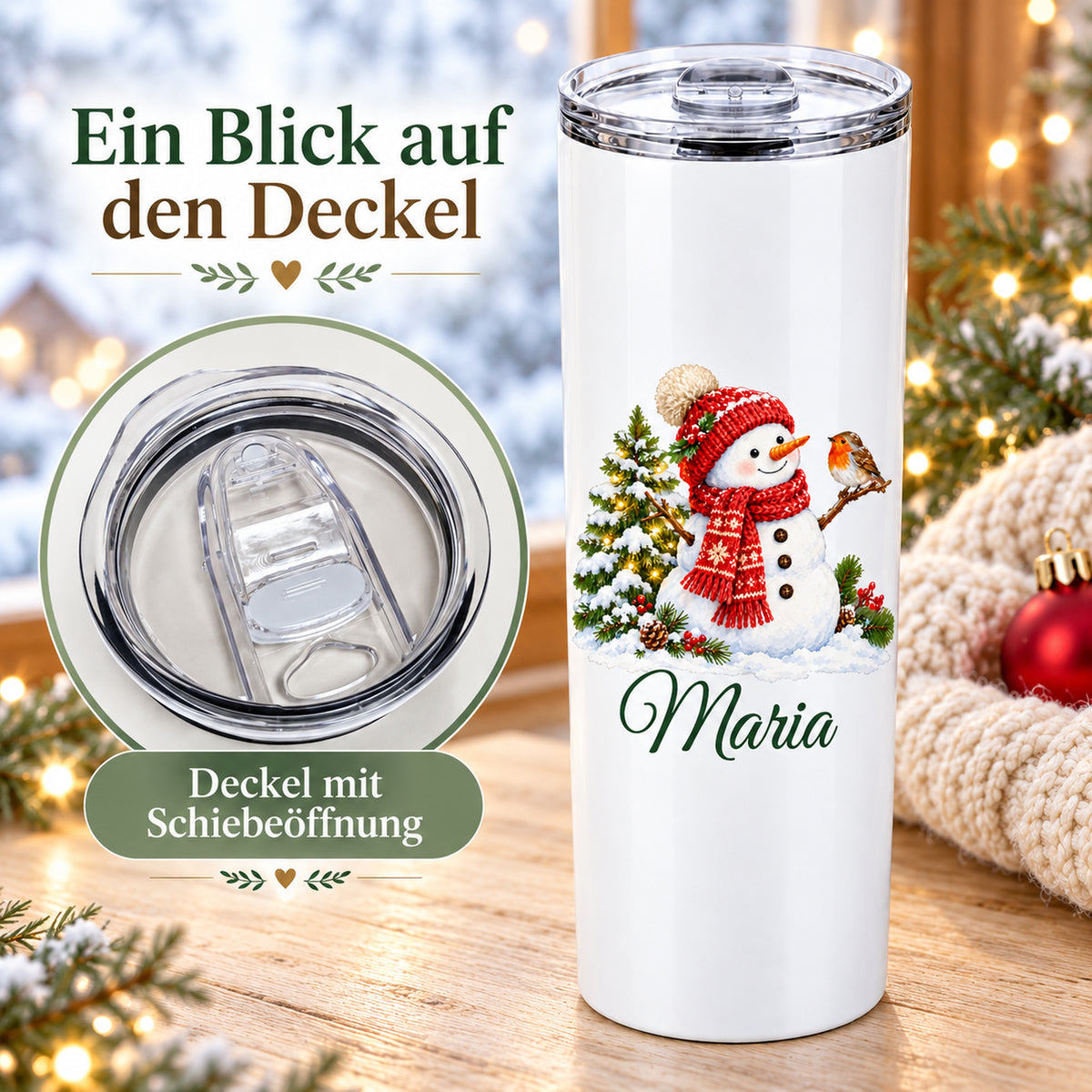 Thermobecher mit Schneemann-Motiv neben einer vergrößerten Ansicht des transparenten Schiebedeckels