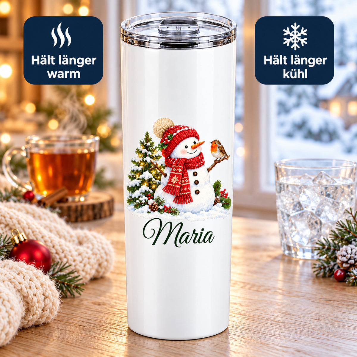 Schneemann-Thermobecher zwischen warmem Getränk und Eisglas mit Hinweisen zur Thermofunktion