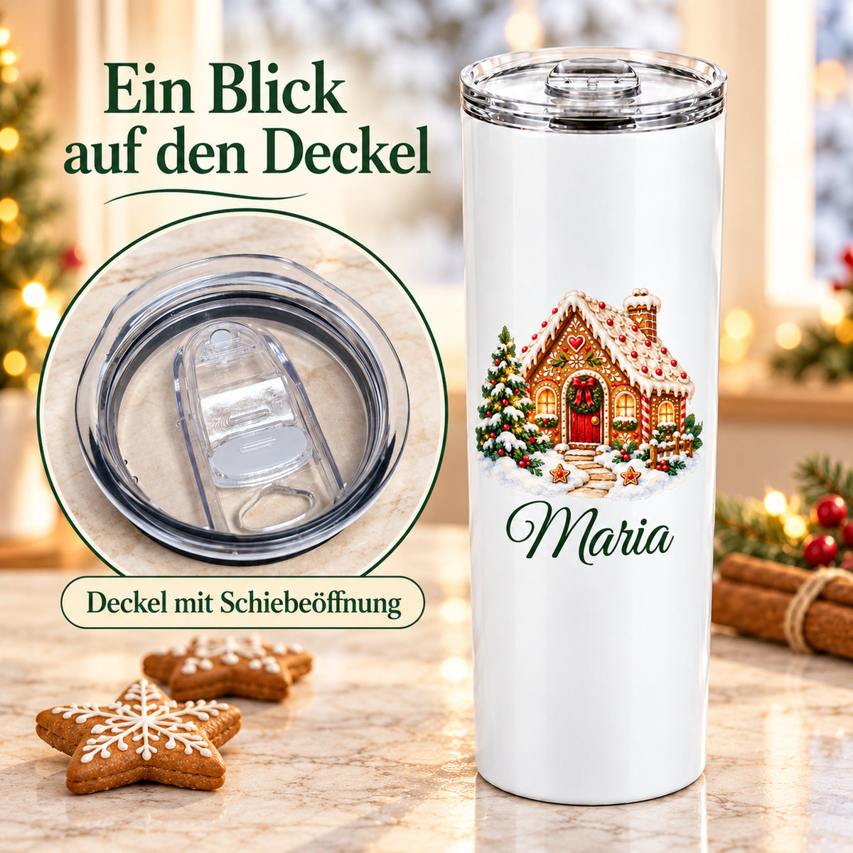 Thermobecher mit Lebkuchenhaus-Motiv neben einer vergrößerten Ansicht des transparenten Schiebedeckels