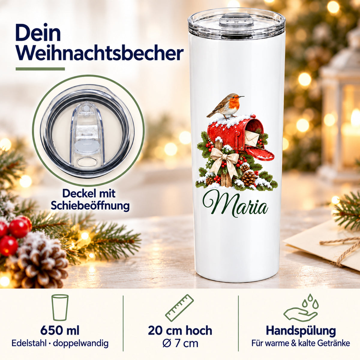 Thermobecher mit Rotkehlchen-Motiv: Füllmenge, Maße, Pflege und Deckel in einer Übersicht