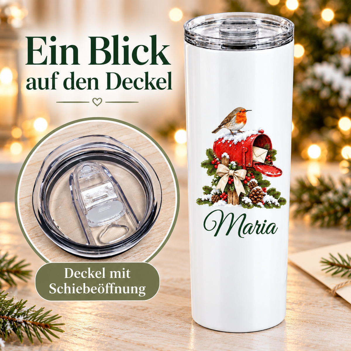 Thermobecher mit Rotkehlchen-Motiv neben einer vergrößerten Ansicht des transparenten Schiebedeckels