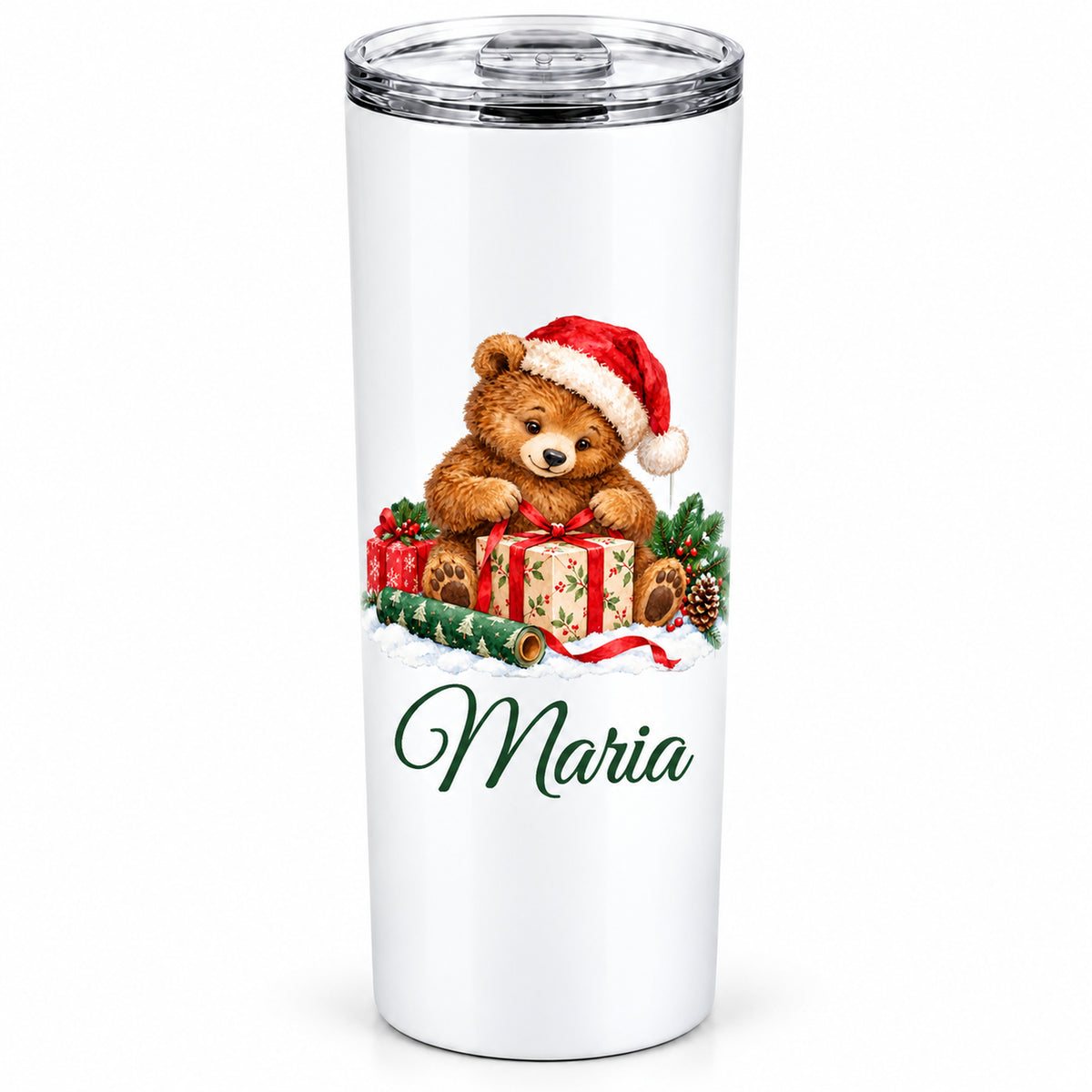 Weißer Thermobecher mit Teddybär mit Weihnachtsmütze und Geschenken, Wunschname und transparentem Deckel