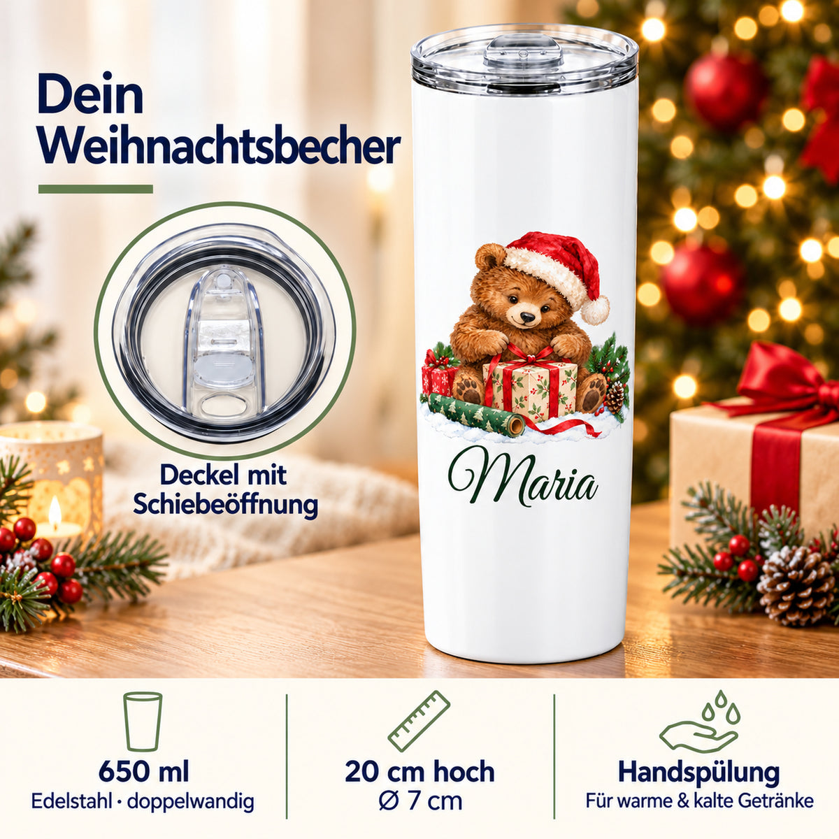 Thermobecher mit Weihnachtsbär-Motiv: Füllmenge, Maße, Pflege und Deckel in einer Übersicht
