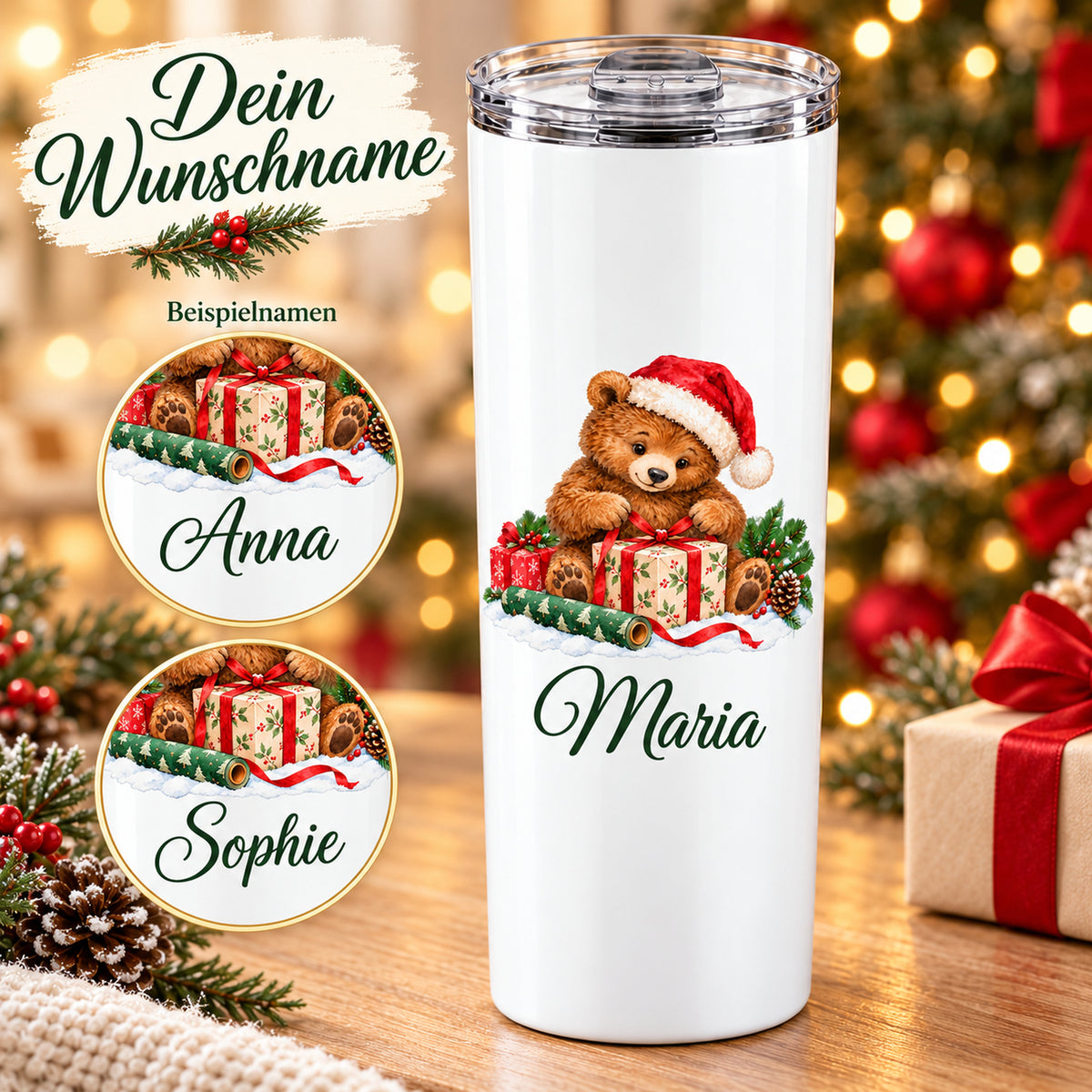 Weihnachtsbär-Thermobecher mit Wunschname und zwei Ausschnitten mit weiteren Beispielnamen