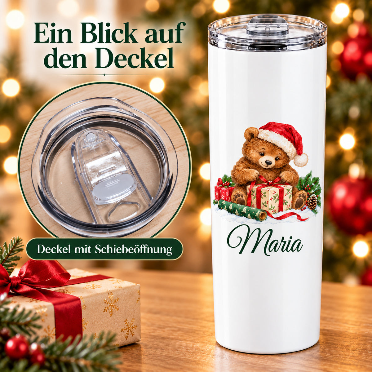 Thermobecher mit Weihnachtsbär-Motiv neben einer vergrößerten Ansicht des transparenten Schiebedeckels