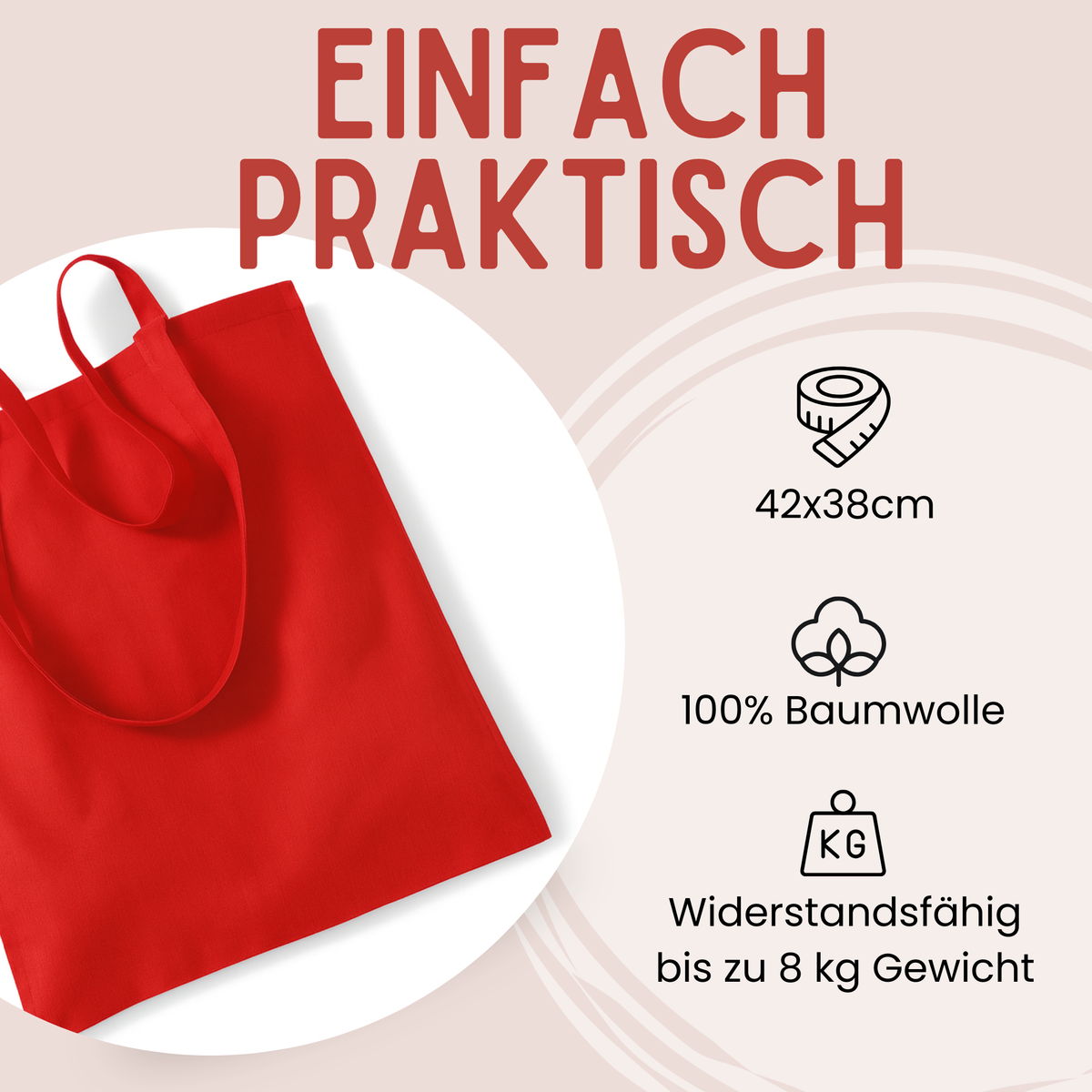 Rote Baumwolltasche, 42x38 cm, bis 8 kg belastbar.