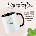 Weißer Becher mit schwarzem Henkel, 330ml, spülmaschinenfest.