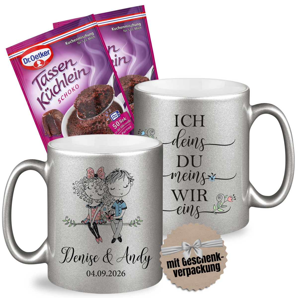 Silberne Tassen mit personalisiertem Aufdruck und Kuchenmischung.