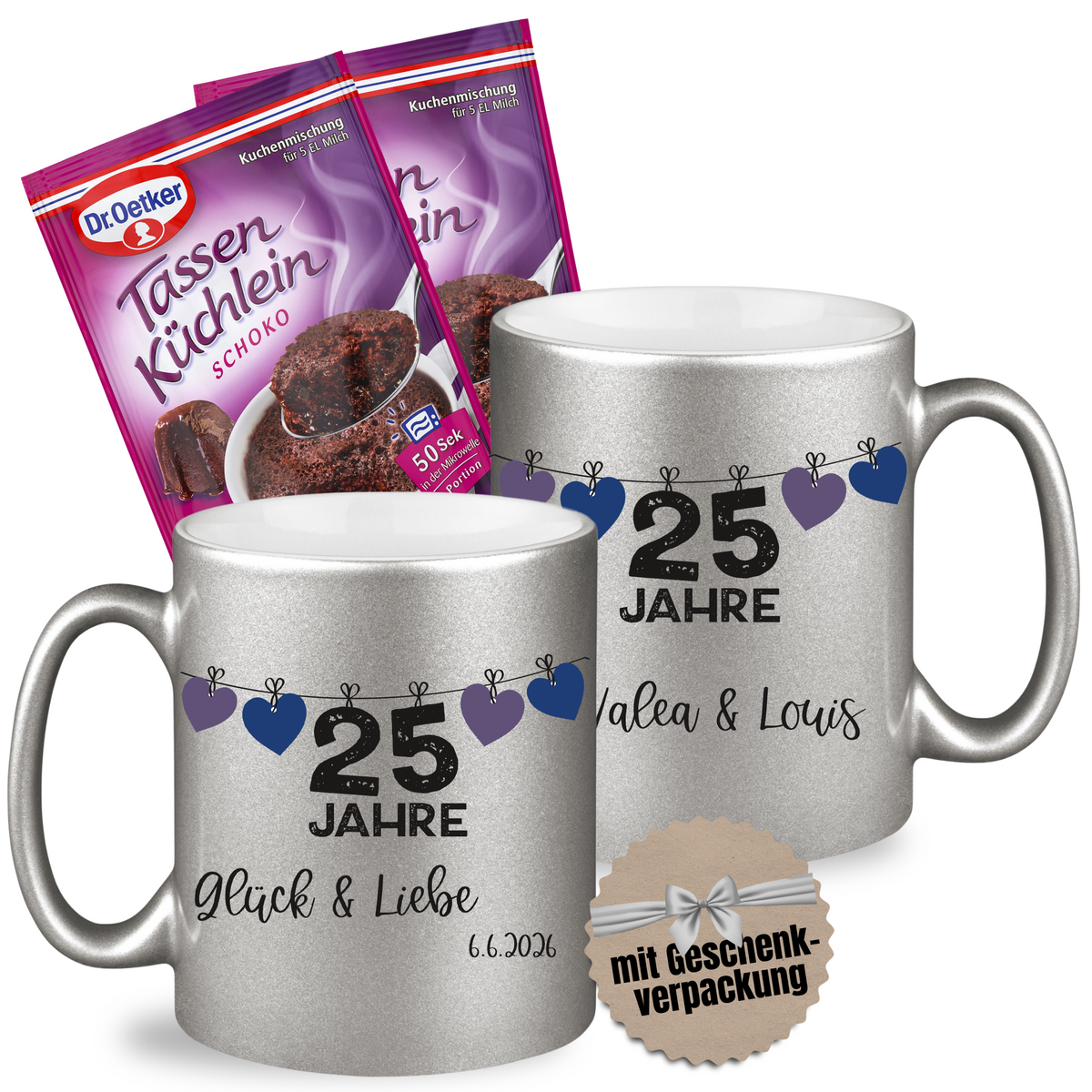Silberne Tassen mit 25 Jahre, Glück & Liebe, Geschenkverpackung.