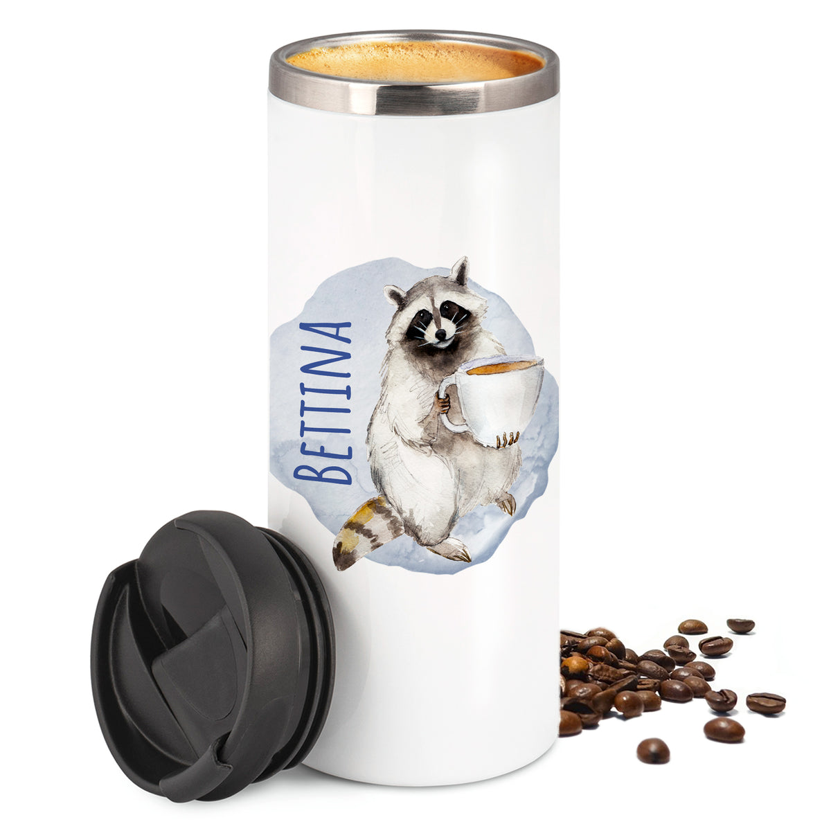 Weißer Thermobecher mit Waschbär und dem Namen "Bettina".