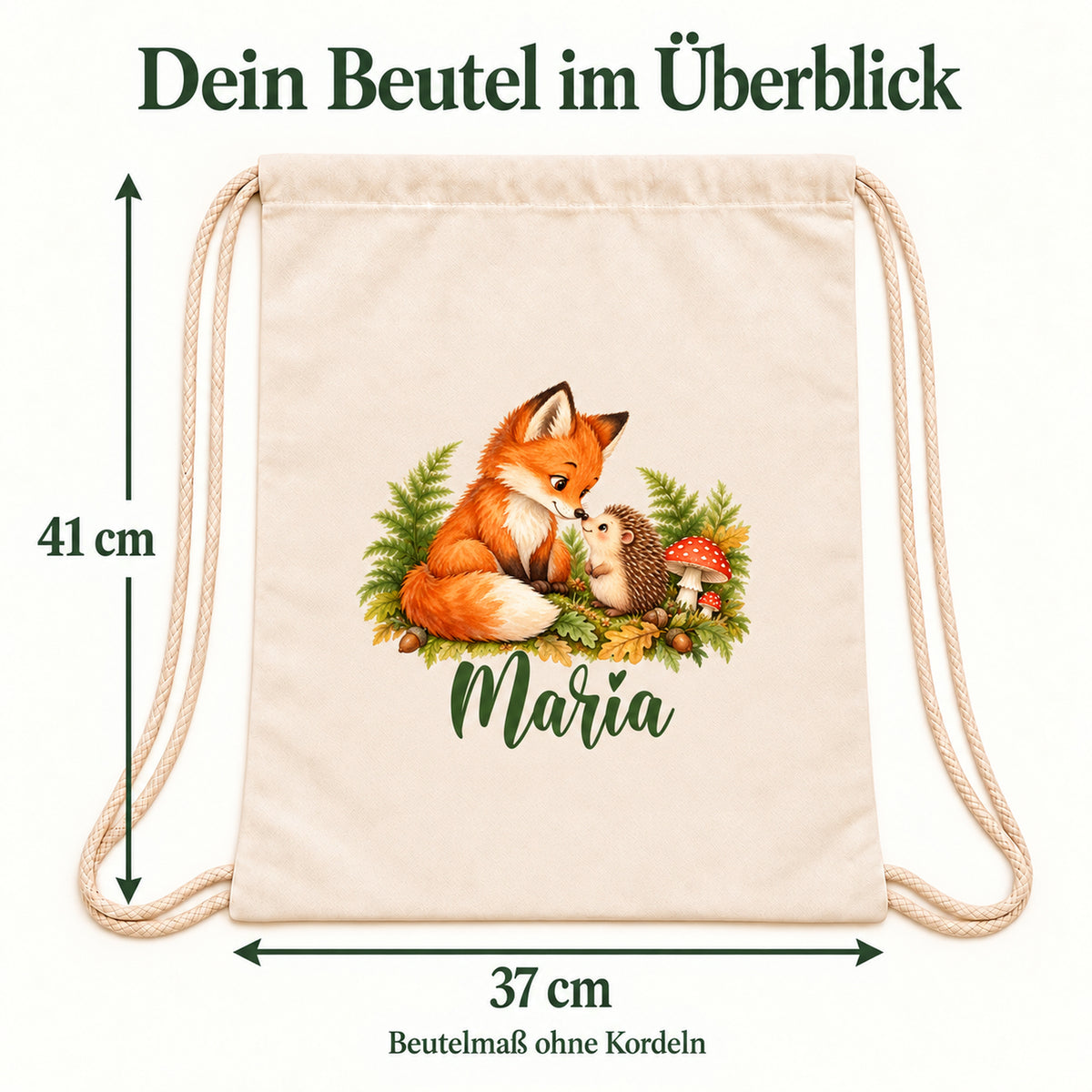 Turnbeutel mit Fuchs, Igel und Wunschname; Maßpfeile zeigen 37 cm Breite und 41 cm Höhe ohne Kordeln