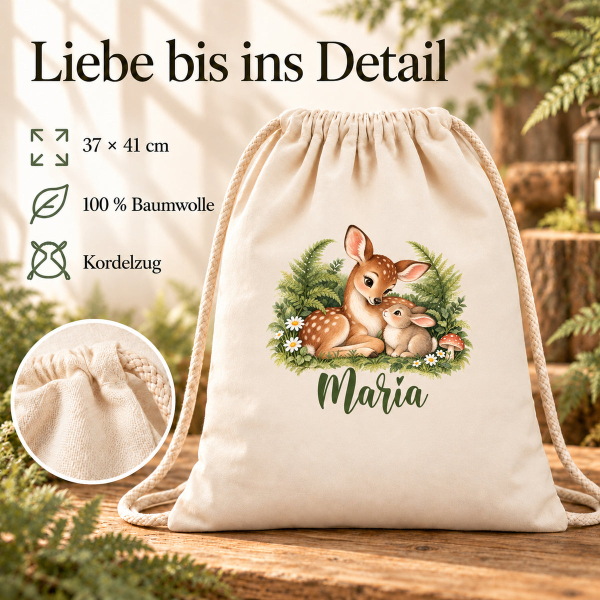 Naturfarbener Baumwollbeutel mit Reh und Hase und personalisierbarem Namen – Produktdetails