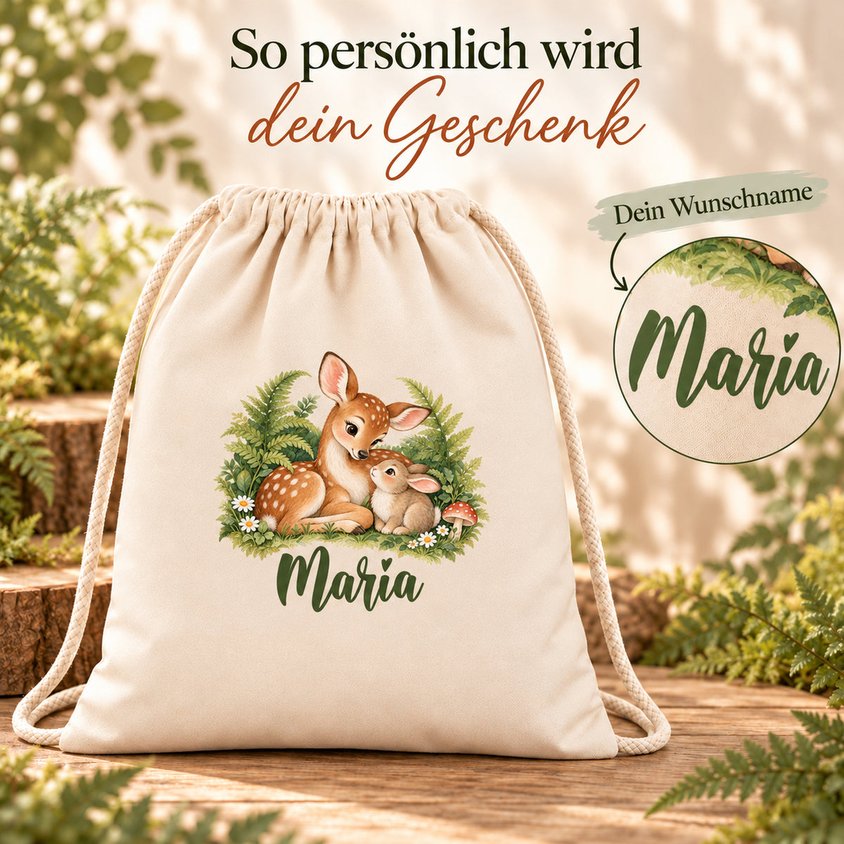Naturfarbener Baumwollbeutel mit Reh und Hase und personalisierbarem Namen – Personalisierung