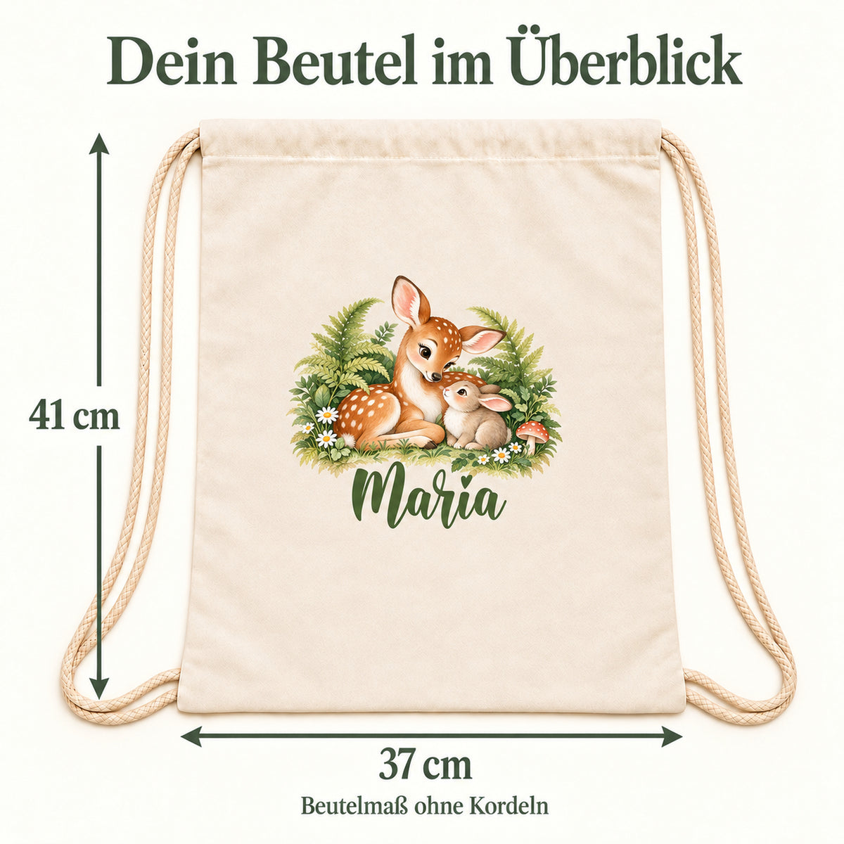 Naturfarbener Baumwollbeutel mit Reh und Hase und personalisierbarem Namen – Maße 37 × 41 cm